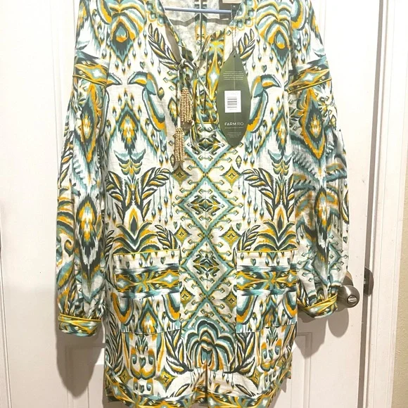Farm Rio Green/Turquoise Boho Resort Romper Long Sleeve Tassel Tie NWT M - Picture 7 of 9